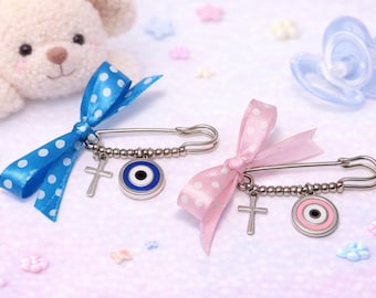 Evil Eye Cross Baby Safety Pin: Stainless Steel Charm, Newborn Gift