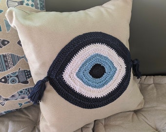 Handmade Evil eye cushion cover in cotton - Greek gift