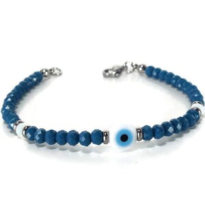 Evil eye crystal beaded bracelet, blue petrol beads, good luck jewelry, women&#39;s protection