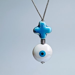 New driver gift, evil eye car mirror charm, protection, good luck, stainless steel cross, car ornament, travel safety, Greek gift