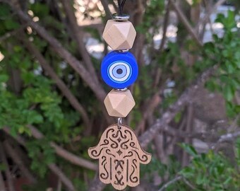 Wooden Hamsa Evil Eye Mirror Charm - New Driver Gift