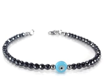 Evil eye black hematite bracelet, Greek evil eye protection bracelet, gift for her or for him