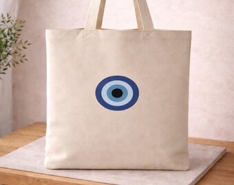 Embroidered Evil Eye Canvas Tote Bag - Greek Gift