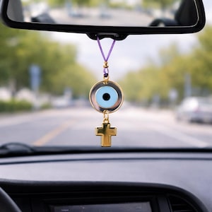 Evil Eye Cross Car Charm: Gold Mirror Vehicle Protection