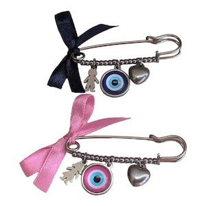 Evil Eye Safety Pin Baby Protection Charm Stainless Steel Gift for Newborn, Baby Shower, Birth Announcement, Infant, Toddler, Greek Jewelry
