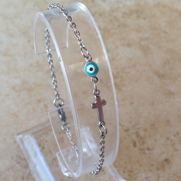 Tiny evil eye cross bracelet