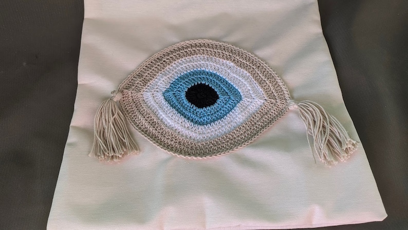 Handmade evil eye cushion cover house ornament crochet pillow Greek gift image 10