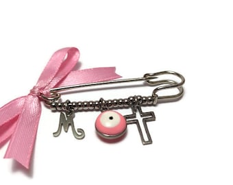 Personalized evil eye safety pin, baby protection, available in pink and blue