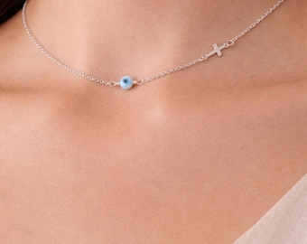 Sterling Silver Evil Eye Cross Necklace: Mother of Pearl Charm