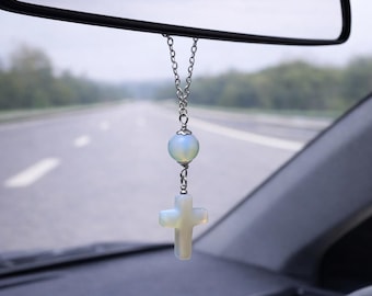 Colgante para espejo retrovisor de coche con cruz de piedra lunar: Cadena de acero inoxidable