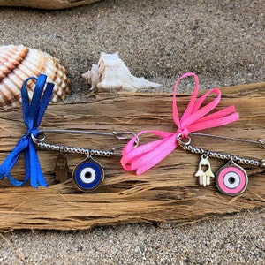 Evil eye Hamsa safety pin, baby protection charm, stainless steel newborn gift, stroller accessory, baby shower favor, lucky charm
