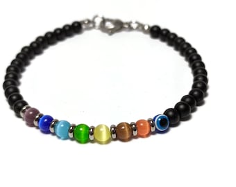 Bracelet oeil de chat, onyx et oeil bleu