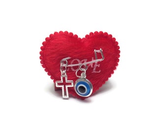 Evil eye heart safety pins, baby shower favors, Christening, baby girl gift