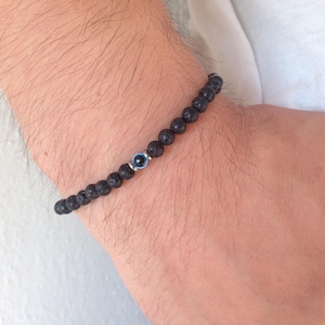 Men's Evil Eye Lava Stone Bracelet: Stainless Steel Protection Jewelry