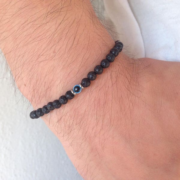Men's evil eye lava protection bracelet, Lava stone bracelet, Mens bracelet, Gift for him, Black lava stone jewelry