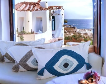 Handmade Evil Eye Cushion Cover - House Ornament - Crochet Pillow - Greek Gift
