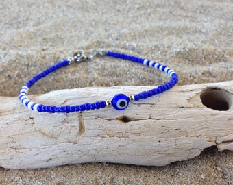 Dark blue evil eye beaded bracelet, Greek jewelry