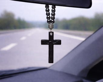 Colgante de cruz de hematita para coche: protección para el coche, accesorio de piedras preciosas, regalo de viaje, joyería religiosa.