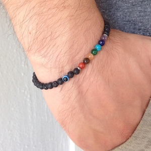 Evil Eye Chakra Lava Bracelet, men&#39;s gemstone with 7 chakra stones, yoga and healing jewelry, gift for him, meditation.