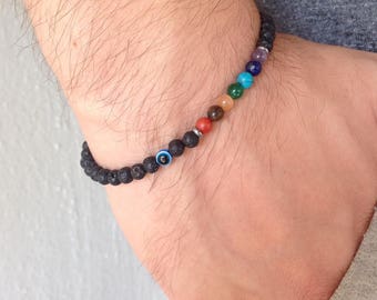 Evil Eye Chakra Lava Bracelet, men&#39;s gemstone with 7 chakra stones, yoga and healing jewelry, gift for him, meditation.