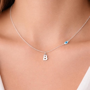 Sterling Silver Evil Eye Initial Necklace: Minimalist Alphabet Charm