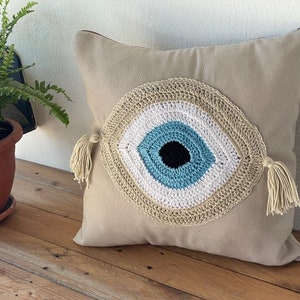 Handmade evil eye cushion cover house ornament crochet pillow Greek gift image 4