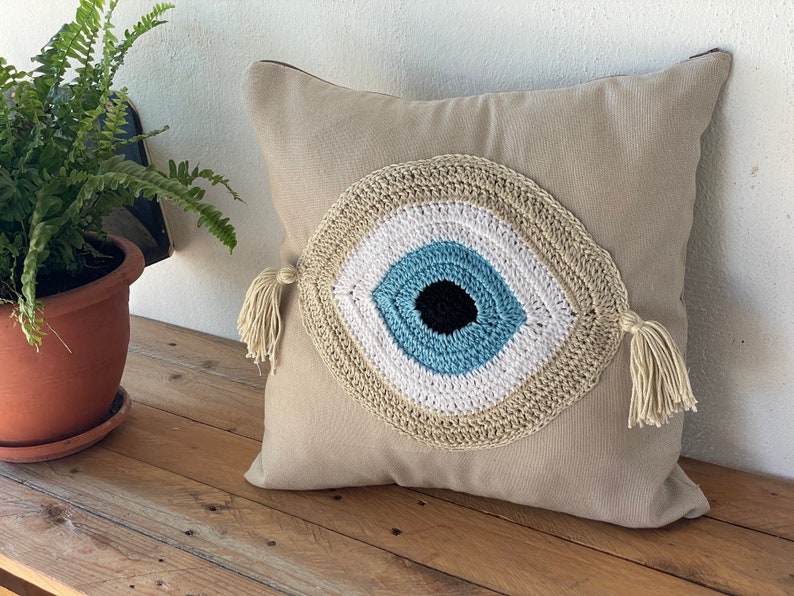 Handmade evil eye cushion cover house ornament crochet pillow Greek gift image 4