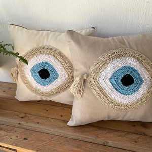 Handmade evil eye cushion cover house ornament crochet pillow Greek gift image 3