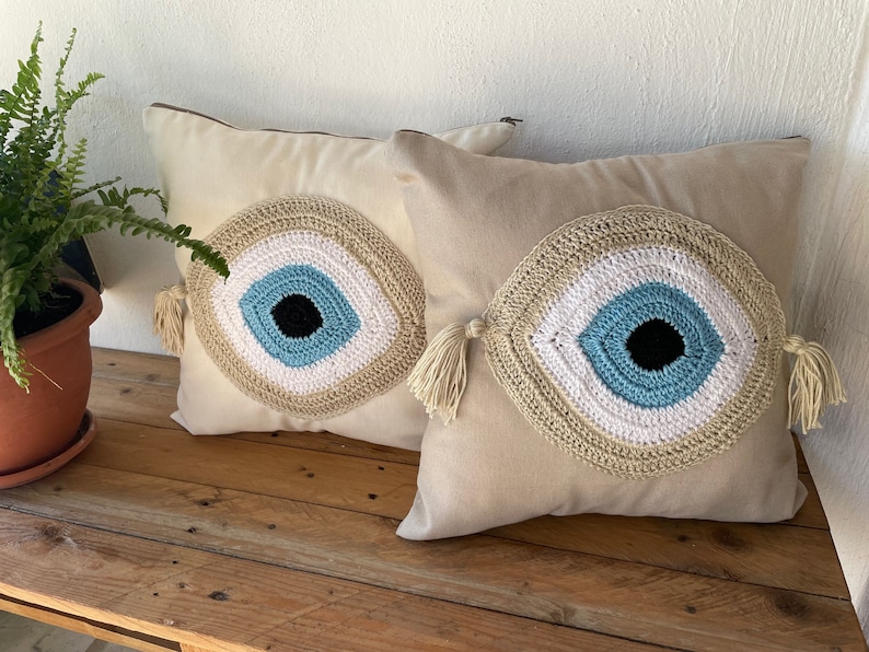 Handmade evil eye cushion cover house ornament crochet pillow Greek gift image 3