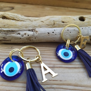 Personalized Glass Evil eye keychain - Brass bag charm  - Greek evil eye keyring