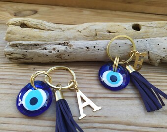 Personalized Glass Evil eye keychain - Brass bag charm  - Greek evil eye keyring