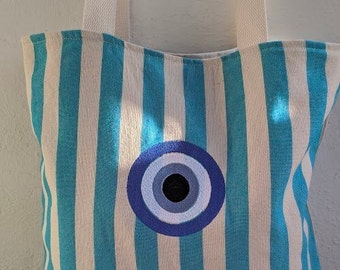 Striped Canvas Embroidered Tote Bag - Τurquoise everyday bag - Summer Bag