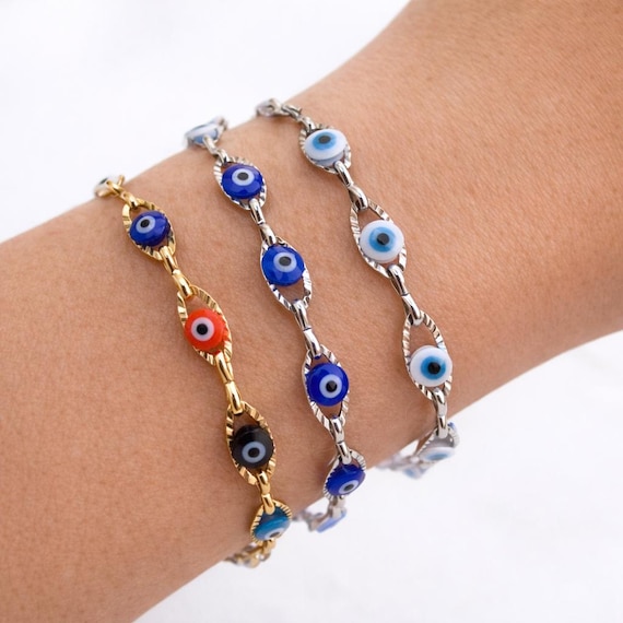 Bracelet Chaîne œil Bleu – Acier Inoxydable 316L – Doré Et Bleu – Femme – Neuf Avec étiquettes