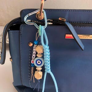 Evil Eye Bag Charm: Wooden Beads, Luck Accent - Handmade Greek Gift