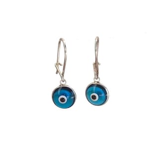 Sterling silver evil eye earrings, Greek jewelry, hypoallergenic dangle earrings, blue glass charm, gift for her