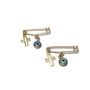 Baby protection jewelry, evil eye cross safety pin, brass gold plated newborn gift, lucky evil eye charm, baby safety pin, new mom gift