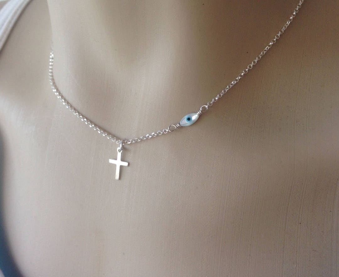 Evil Eye Cross Pendant Necklace, Sterling Silver Evil Eye Necklace
