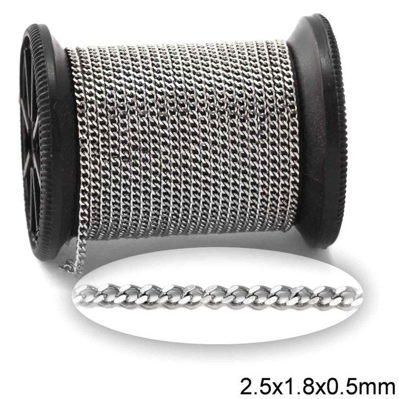 May include: A spool of silver curb chain, 2.5 mm wide, 1.8 mm tall, and 0.5 mm thick.