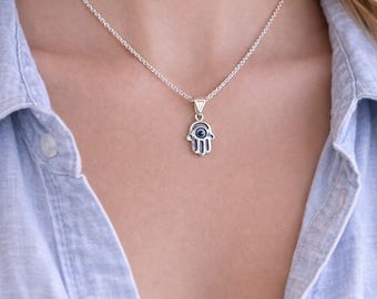 Sterling Silver Evil Eye Hamsa Necklace: Women's Protection Pendant