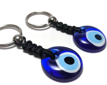 Porte cles oeil bleu en verre acier ou laiton