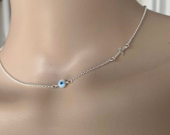 Cross necklace, evil eye MOP charm, sterling silver Greek jewelry, protection pendant, gift for her, layered religious necklace,