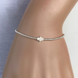 Dainty Hamsa Hand Bracelet, Sterling Silver Protection Jewelry, Evil Eye Beaded Bracelet, Gift for Her, Minimalist Stackable Jewelry