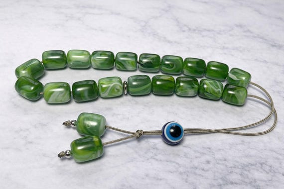 Green Evil Eye Worry Beads: Acrylic Komboloi, Anti-Stress Gift