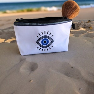 Gift for Her Cosmetic Evil Eye Bag, Waterproof Polyester Makeup Pouch, Greek Souvenir, Handmade Small Jewelry and Cosmetic Bag