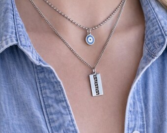 Evil Eye & Greek Key Layering Necklace - Stainless Steel Jewelry