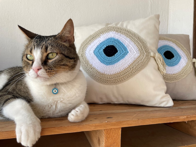 Handmade evil eye cushion cover house ornament crochet pillow Greek gift image 5