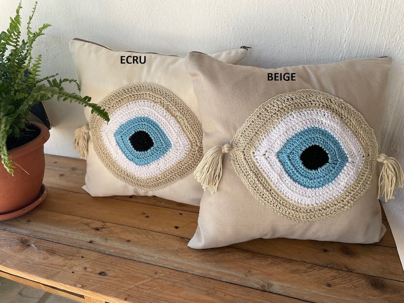 Handmade evil eye cushion cover house ornament crochet pillow Greek gift image 2