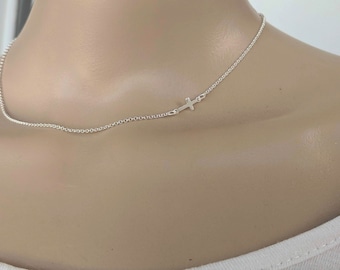 Women's sideways cross silver necklace