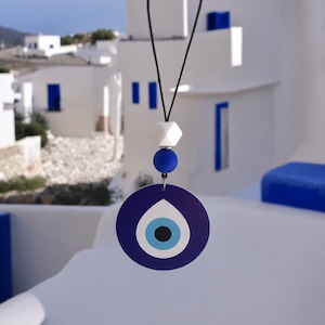 Wooden evil eye rearview charm, Car protection ornament, Greek good luck charm, Car mirror hanging, Rearview mirro
