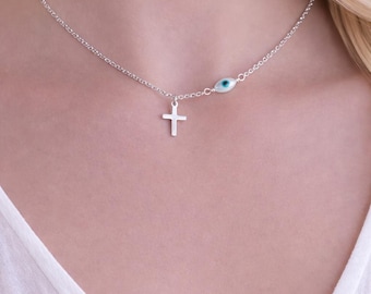 Sterling Silver Cross Necklace: Mother of Pearl Evil Eye Pendant